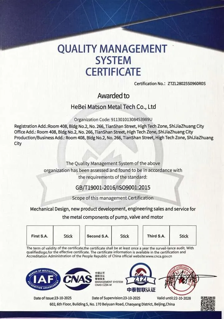 Matson Metal ISO 9001 certificate page 2