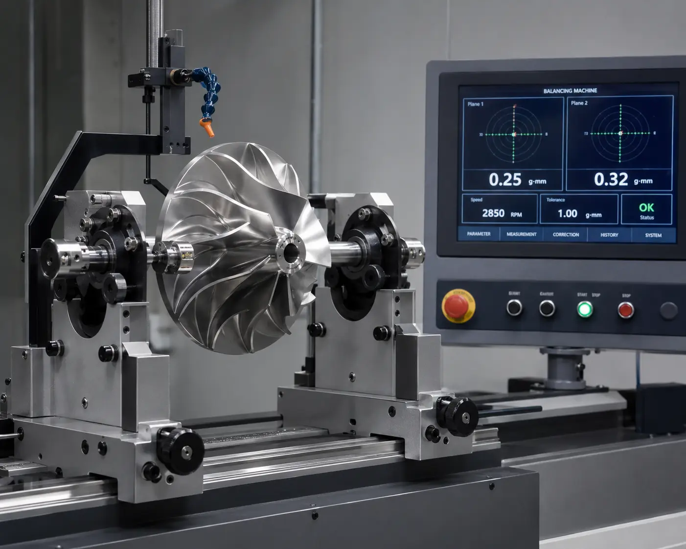 Dynamic balancing machine with stainless steel impeller mounted — Matson in-house balancing