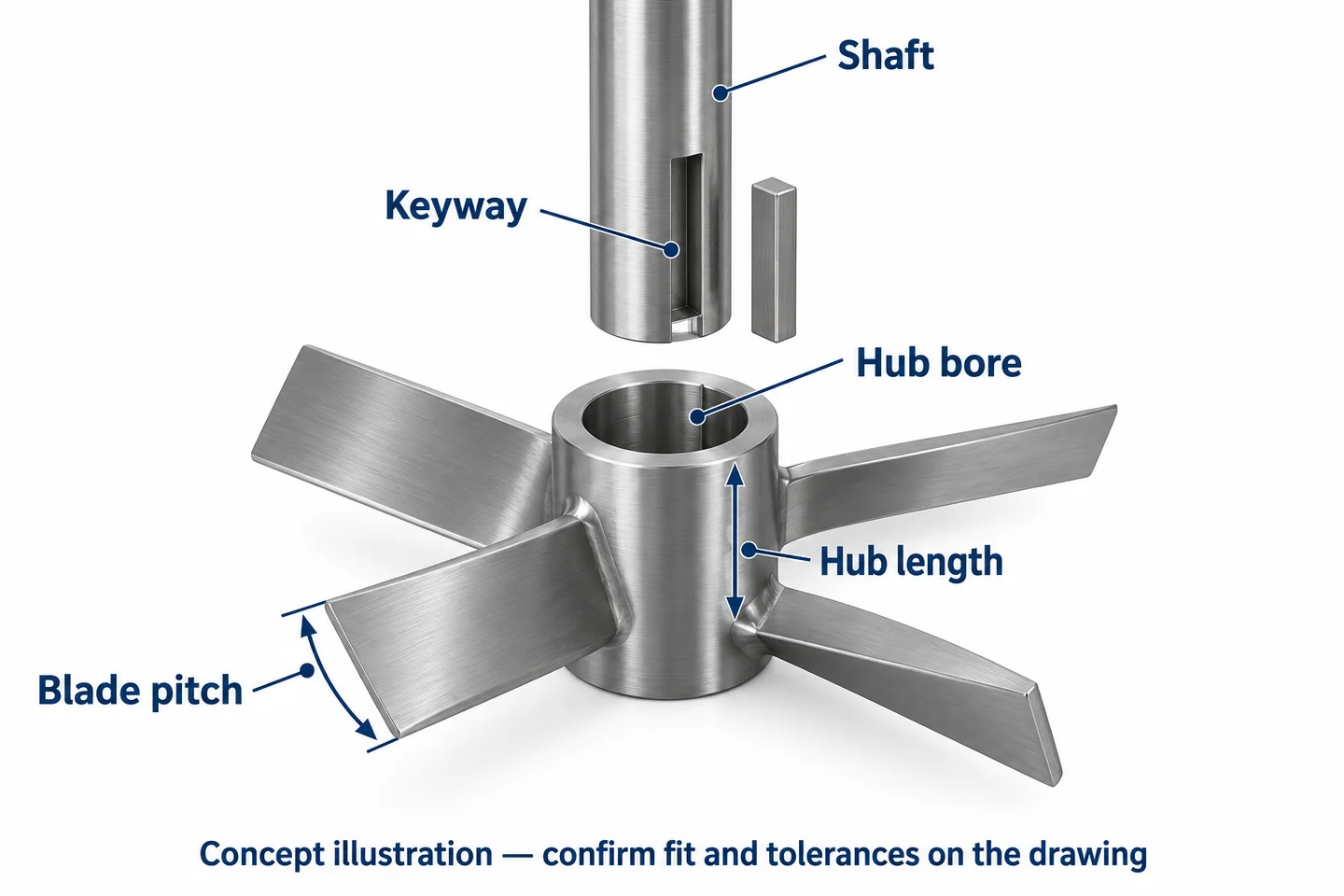 AI-generated exploded concept of a mixer shaft, keyway, hub bore, hub length and pitched blades