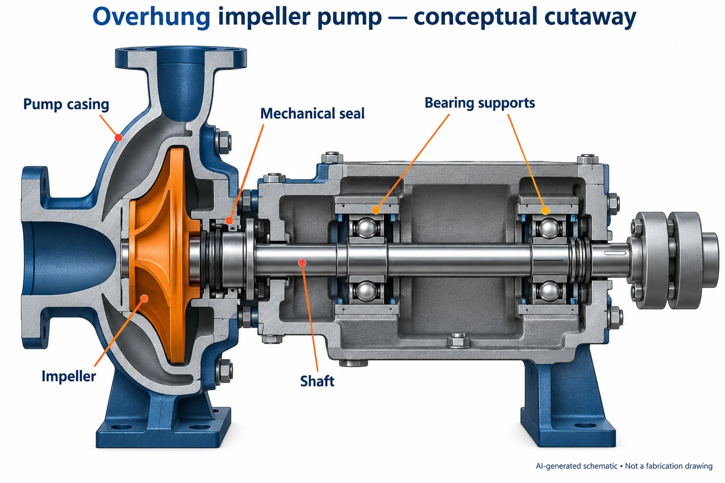 AI-generated conceptual cutaway of an overhung pump with the impeller outside two bearing supports on the same side