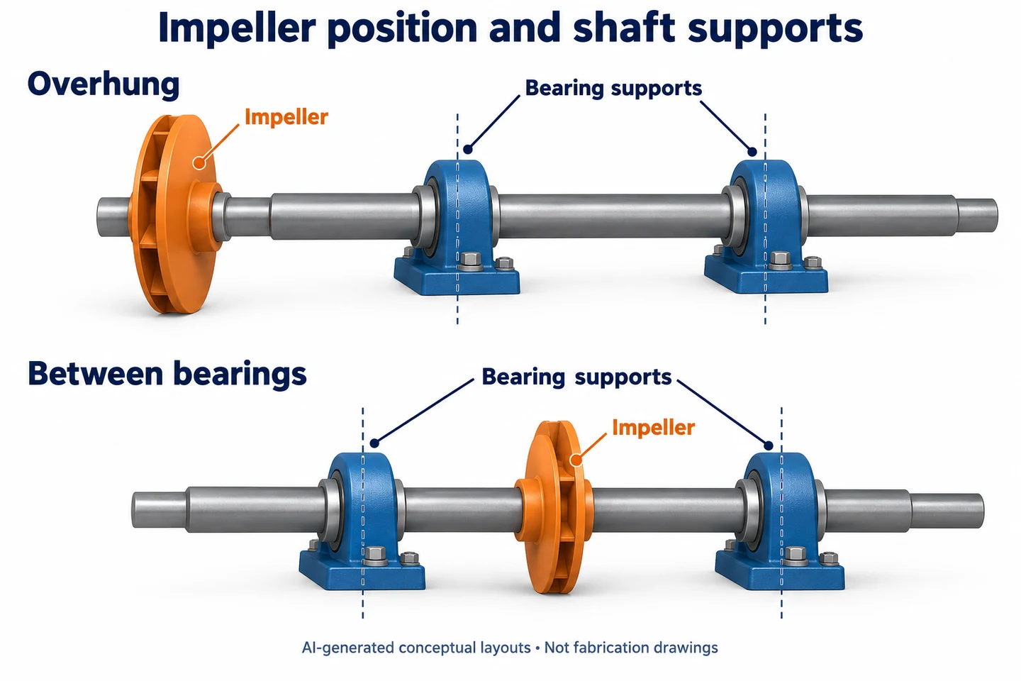 AI-generated comparison of an overhung impeller outside both shaft supports and an impeller positioned between two supports